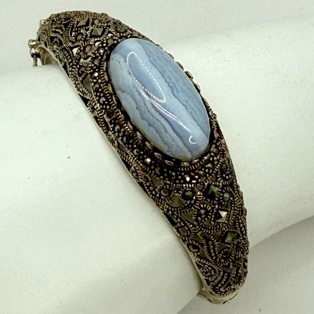 Vintage Sterling Silver Marcasite & Blue Lace Agate Hinged Bangle Bracelet 6.5-7 - Picture 12 of 17